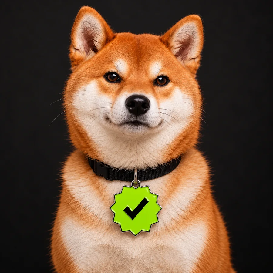 A shiba inu in a studio portrait, a lime green check tag on his black collar